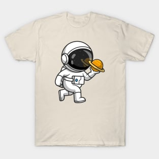 Cute Astronaut Holding Planet Cartoon T-Shirt